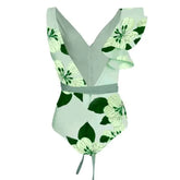 Floral V Neck High Waist Ruffled Lace Up Swimwear
